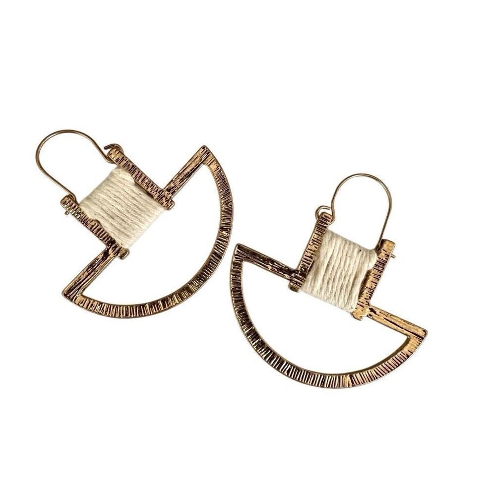 Gold tone semi circle white thread earrings